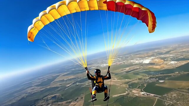 Paraglider with Red and Yellow Parachute Soaring in Blue Sky Above Landscape for Extreme Sport and Adventure with Aerial View