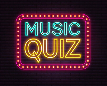 music quiz text in neon frame logo wallpaper, AI