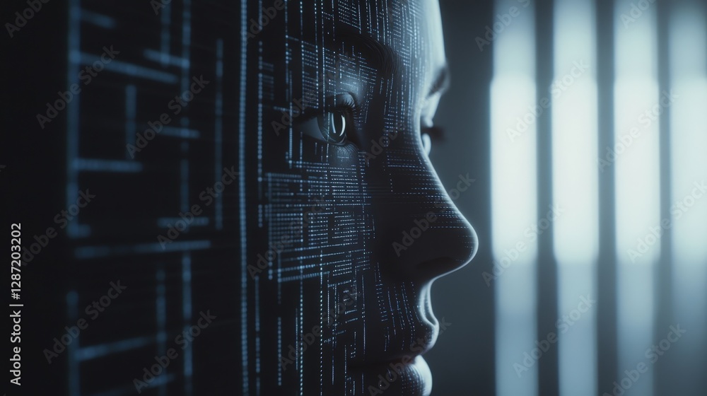 Poster profile of a woman's face merging with a stream of digital data, symbolizing the connection between 