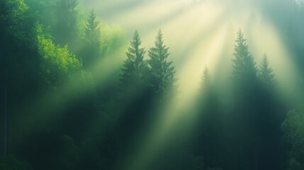 Sunbeams illuminating forest path in lush green woodland 