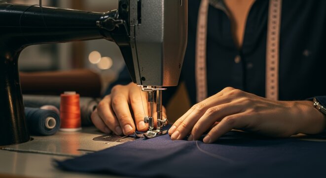 Dedicated tailor using vintage sewing machine with precision and warm light