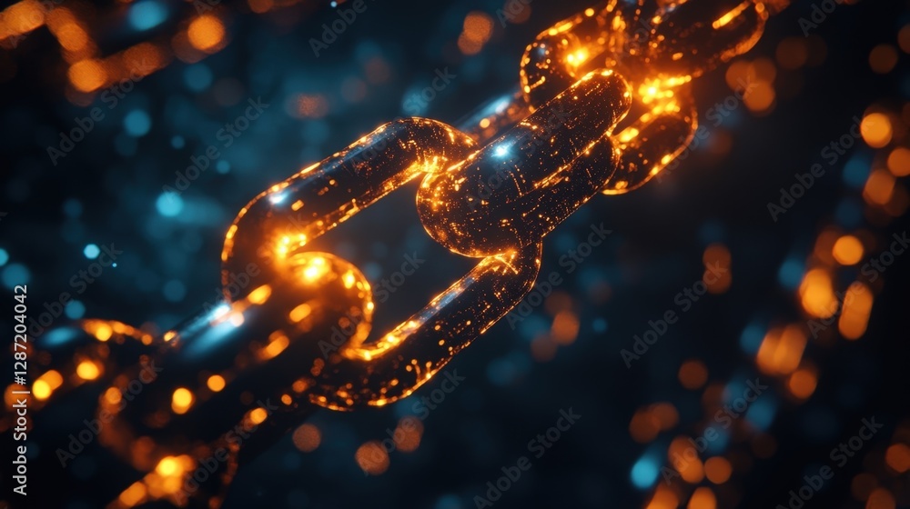 Poster glowing metallic blockchain connecting in a dark digital space is representing security, data transm