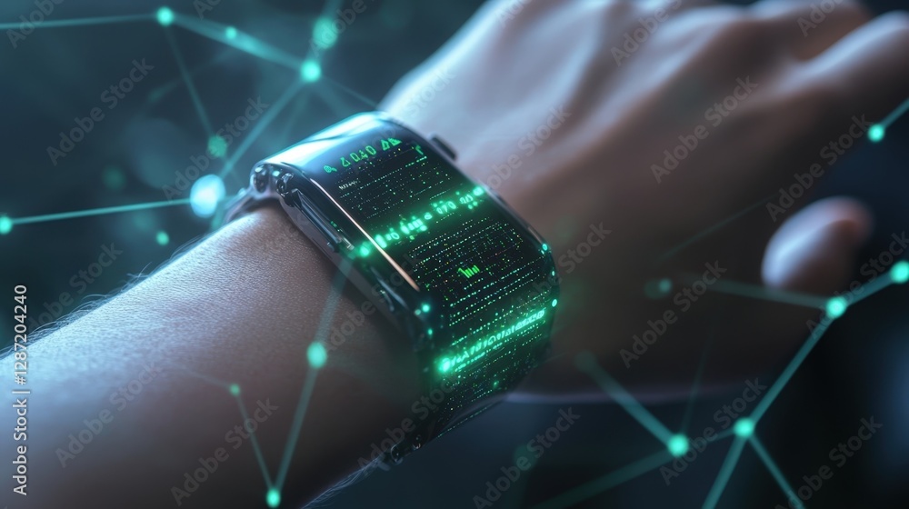 Poster close up of a futuristic smartwatch on a wrist, showcasing scrolling green encrypted data on the scr