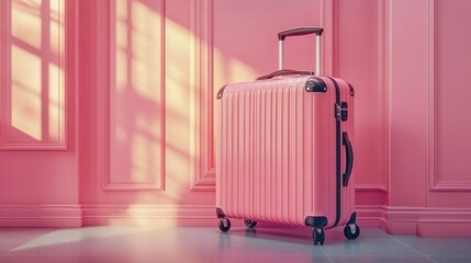 Pink suitcase, sunlit room, travel, interior, vacation, packing, getaway,  journey,  advertising