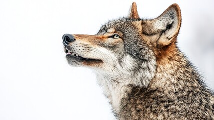 Fototapeta premium Majestic howling wolf in isolation captured on white background wildlife photography nature close-up emotion