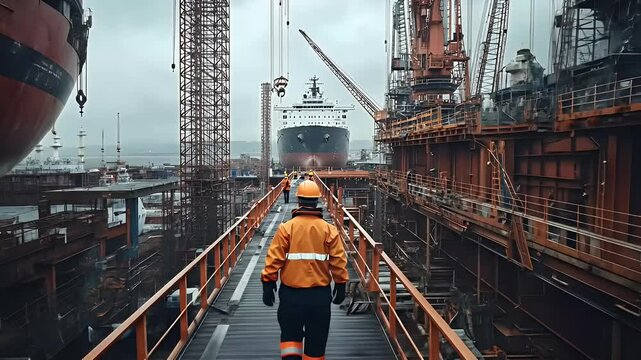 Rear View of a Worker in Orange Jacket and Safety Hat Walking on a Metal Walkway in a Large Shipyard with Cargo Ships and Heavy Machinery on a Cloudy Day in a Coastal Area