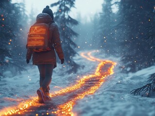 Winter trekking with glowing AR trail and fitness data, vibrant snowy trail, soft natural lighting, photorealistic