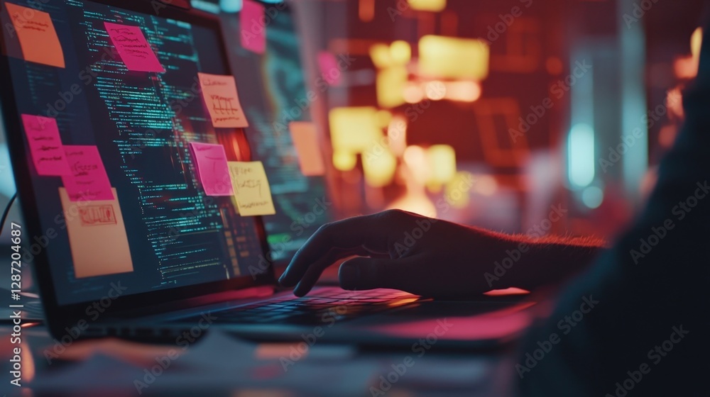 Poster close up of a male software developer typing on a laptop in a dark office, illuminated by neon light