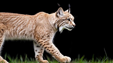 Obraz premium Lynx walking in grass on black background, wildlife portrait, potential use for nature calendar