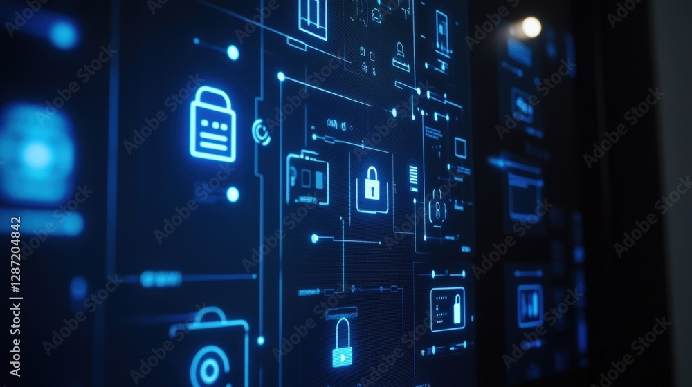Poster complex digital interface displaying various cybersecurity measures, including prominent padlock ico