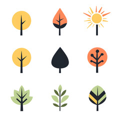 A set of minimalist tree, leaf, and sun icons with flat design and bright colors, ideal for use in eco-conscious mobile apps and web designs.