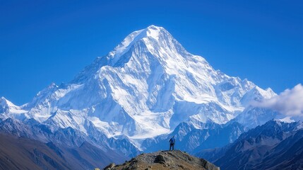 Hiker exploring snowy mountain peak against clear blue sky