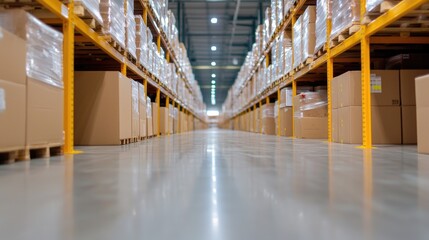 Fototapeta premium Warehouse interior with stacked boxes, perspective view. Possible use Stock photo for a logistics company or business