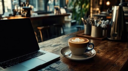 Latte, laptop, coffee shop, working