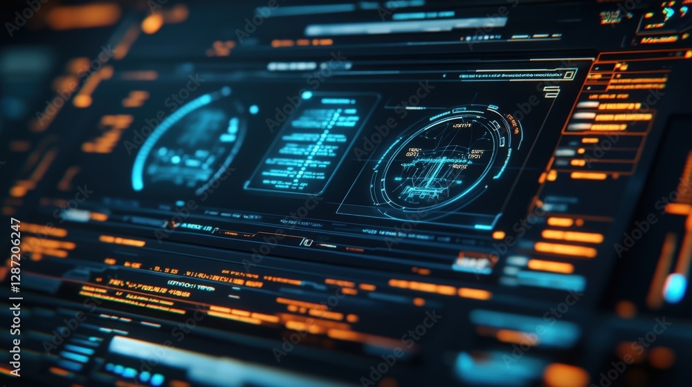 Poster futuristic cybersecurity interface displaying real time data analysis, threat detection, and system 