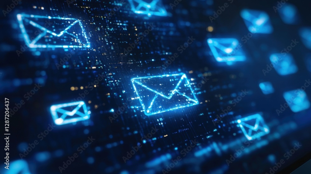 Poster glowing blue email icons are arranged on a dark digital display, representing incoming or outgoing m