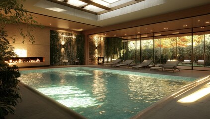 Obraz premium Serene indoor pool retreat with modern design fireplace and natural light filtering through glass walls