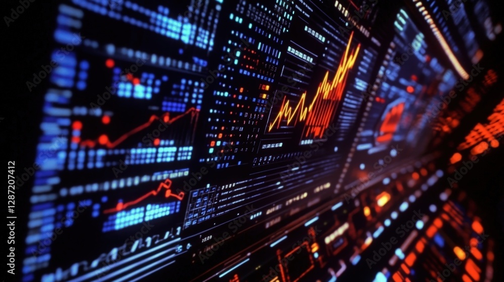 Poster multiple computer screens display vibrant graphs, charts, and data visualizations, suggesting comple