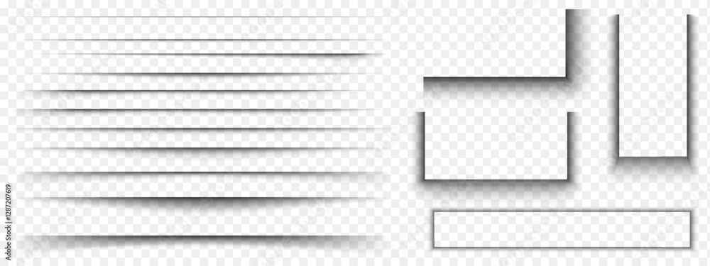 Fototapete Set of paper or packing box, banner or card shadow effects. Different realistic soft grey shapes. Divider lines and rectangular shades isolated on transparent background. Vector illustration.