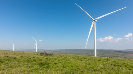 Wind turbines on grassy hilltop, clear sky.  Energy generation, rural landscape