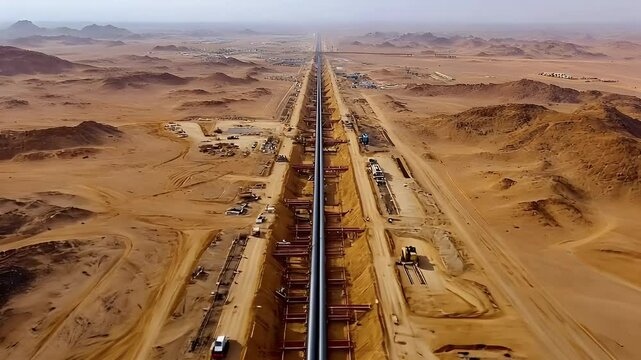 Vast Desert Landscape With Construction Of A Long Pipeline Project Featuring Earth Movers and Infrastructure Development Under Daylight in Saudi Arabia