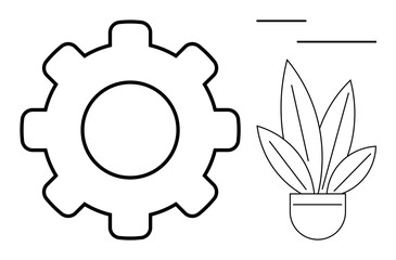 Gear symbolizing mechanism and process with a potted plant indicating nature and growth. Ideal for productivity, sustainability, innovation, balance, technology, environment, abstract line flat