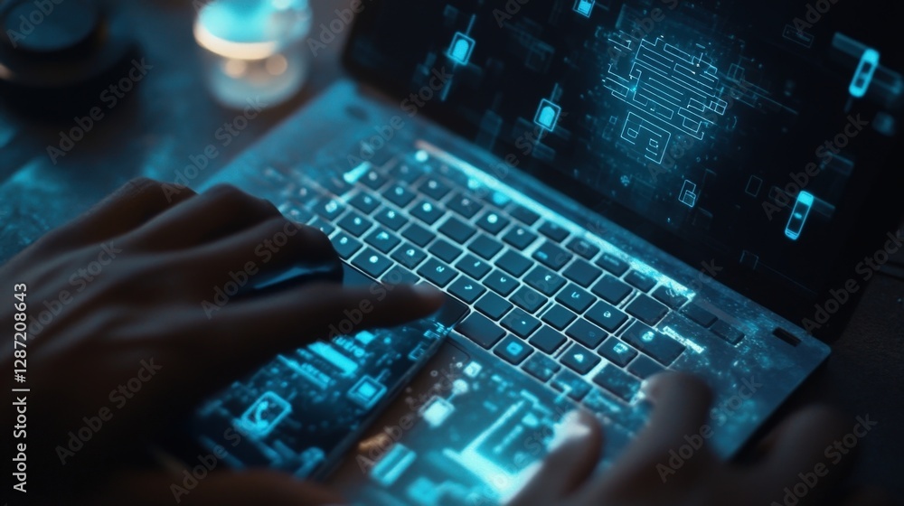 Poster software engineer working on a secure application using laptop and mobile phone, with futuristic ove