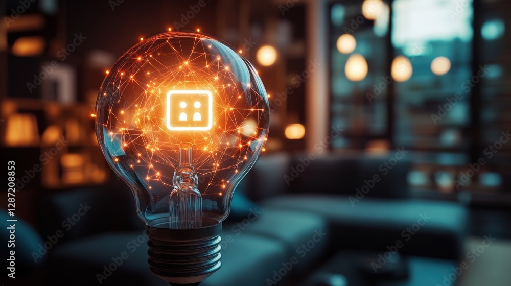 Poster glowing light bulb featuring a user account symbol within a network illustrates innovative cyber sec