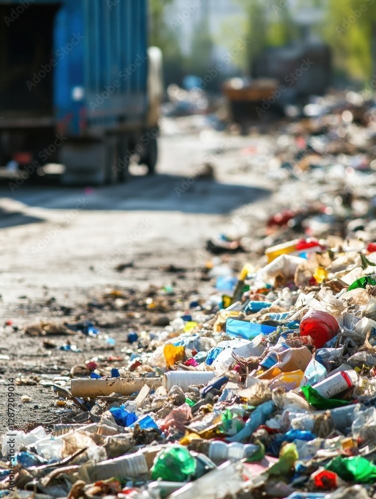 Poster Efficient sorting of waste at a recycling plant with conveyor belts and an industrial background for a sustainable future. Generative AI