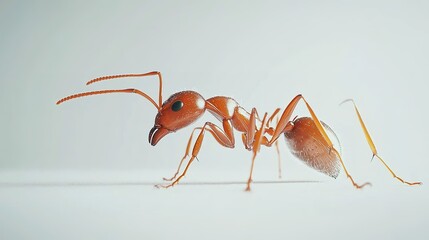 Red fire ant in action on white surface macro photography isolated environment close-up perspective