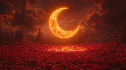 Gardinen Crescent moon over a dreamlike crimson floral landscape with gothic architecture © dirya
