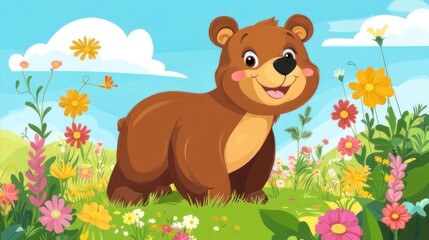 Cute bear in a meadow filled with flowers