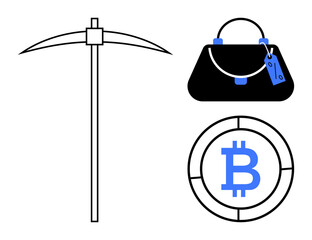 Pickaxe, handbag with tag, and Bitcoin symbol in minimalist design. Ideal for finance, commerce, technology, mining, cryptocurrency digital transactions modern economy themes. Abstract line flat