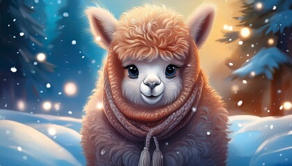 Niedliches Alpaka in einer Winterlandschaft