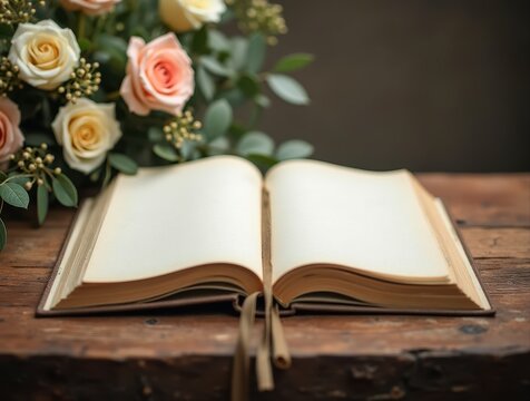 Open guest book lying on wooden table with roses bouquet for funeral ceremony
