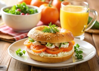 Delectable smoked salmon bagel with cream cheese, perfectly paired with refreshing orange juice.