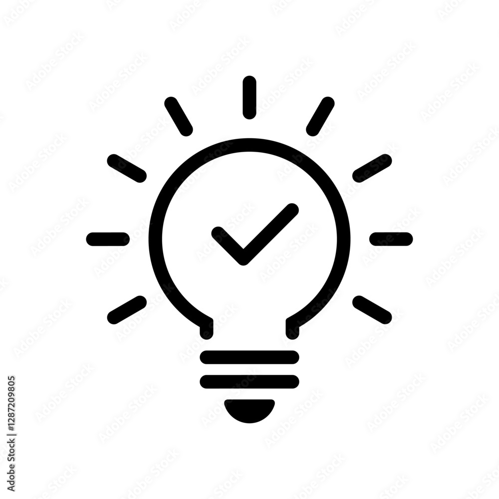 Poster light bulb outline with check mark icon. lamp with tick sign. insight, tip with checkmark symbol