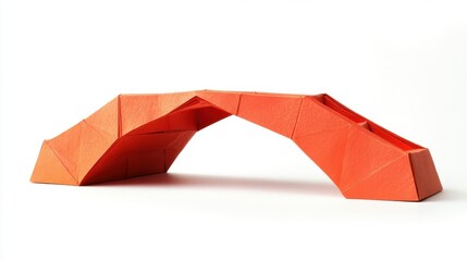 An orange paper origami model of an arch bridge design