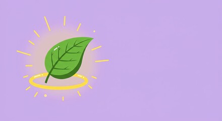 Bright green leaf with golden glow on pastel purple background