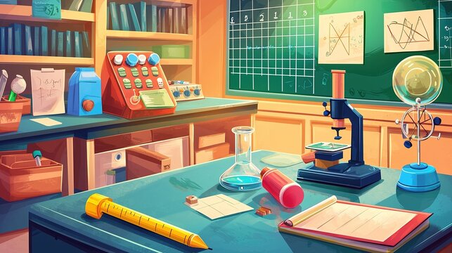 Educational science laboratory equipment school classroom digital art academic environment close-up perspective
