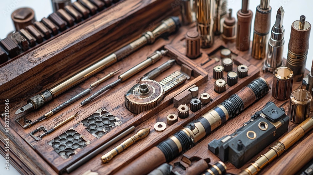 Poster showcasing artisan craftsmanship custom tool sets with intricate detailing in workshop setting