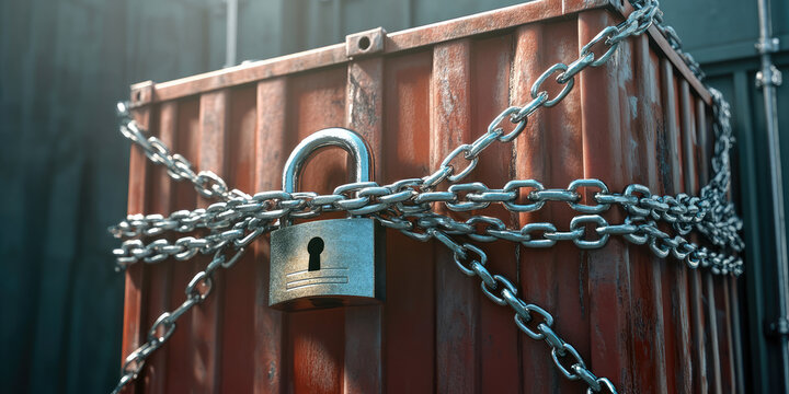 Close-up shipping container wrapped in safety chain with a padlock, reliability of maritime transportation