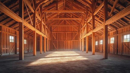 Sunlit Interior Of A Large Wooden Barn Structure
