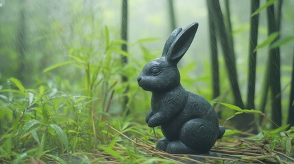A dark rabbit statue sits in a lush green bamboo forest