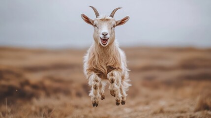 Obraz premium Jumping Goat in Field, Autumn Landscape
