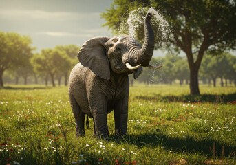 Obraz premium Playful elephant spraying water in sunny landscape with lush greenery