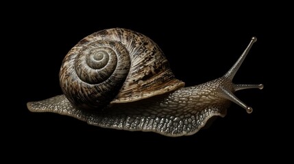 Close-up of a snail moving against a black background.