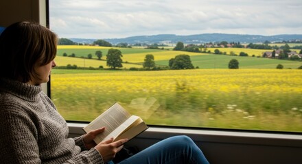 Woman reading on train with scenic view of rolling hills and fields