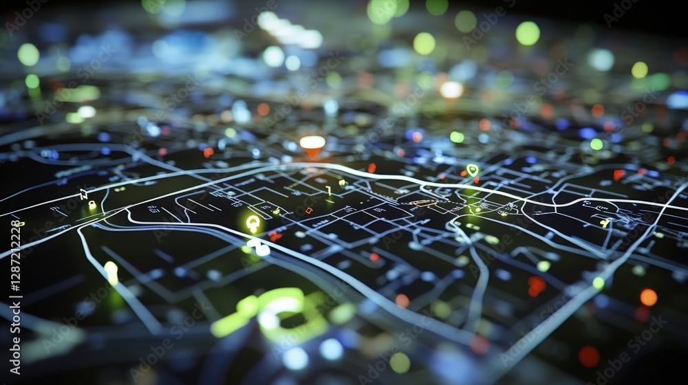 Poster futuristic glowing city map displaying traffic, navigation, and location data within a high tech dig