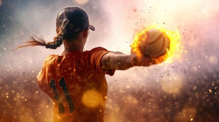 A dynamic athlete in orange gear prepares to throw a glowing ball, radiating energy and power amidst a vibrant backdrop.